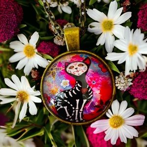 🆕 DAY OF THE DEAD SUGAR SKULL CAT HANDMADE PENDANT NECKLACE